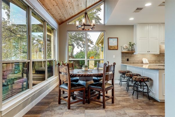 Dining room, Interior, Pendant Lights, Recessed Lighting, Wooden Ceilings, Wood Texture Flooring