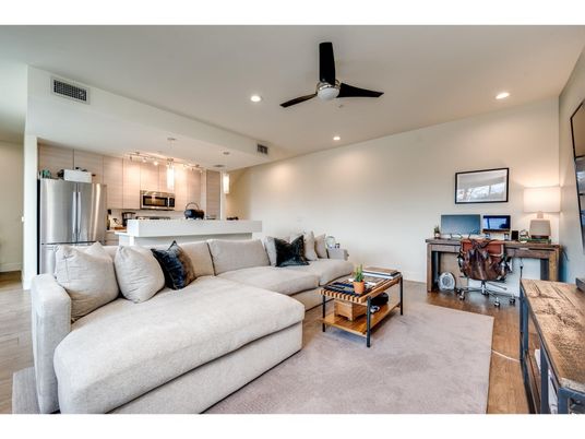 Home Office, Interior, Kitchen, Living room, Pendant Lights, Recessed Lighting, Stainless Steel Appliances, Wood Texture Flooring
