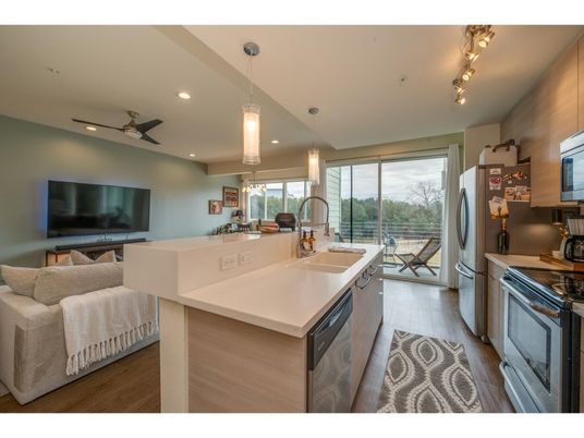 Interior, Kitchen, Living room, Pendant Lights, Recessed Lighting, Wood Texture Flooring