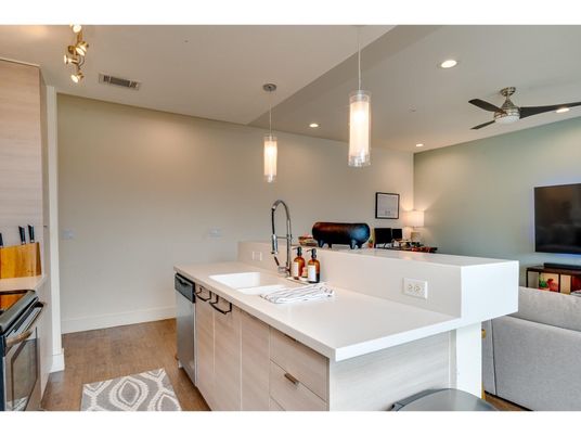 Interior, Kitchen, Pendant Lights, Recessed Lighting, Wood Texture Flooring
