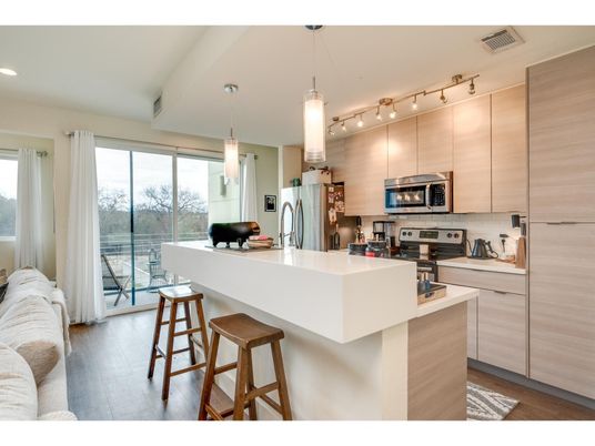 Interior, Kitchen, Pendant Lights, Recessed Lighting, Stainless Steel Appliances, Wood Texture Flooring