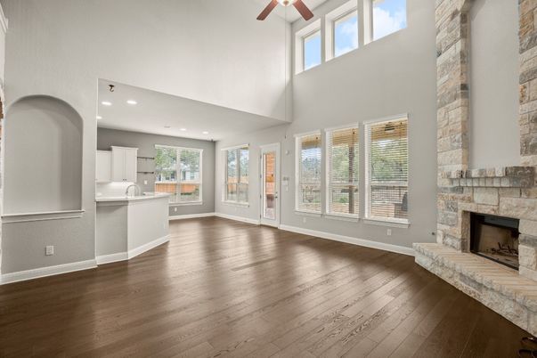 Fireplace, Interior, Kitchen, Recessed Lighting, Wood Texture Flooring