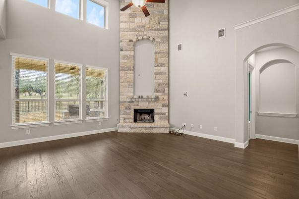 Empty room, Fireplace, Interior, Stone Walls, Wood Texture Flooring