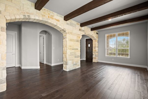 Empty room, Interior, Recessed Lighting, Stone Walls, Wooden Beams, Wood Texture Flooring