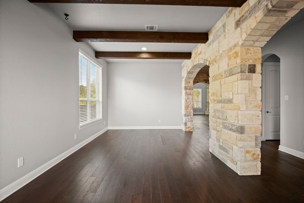 Empty room, Interior, Recessed Lighting, Stone Walls, Wooden Beams, Wood Texture Flooring
