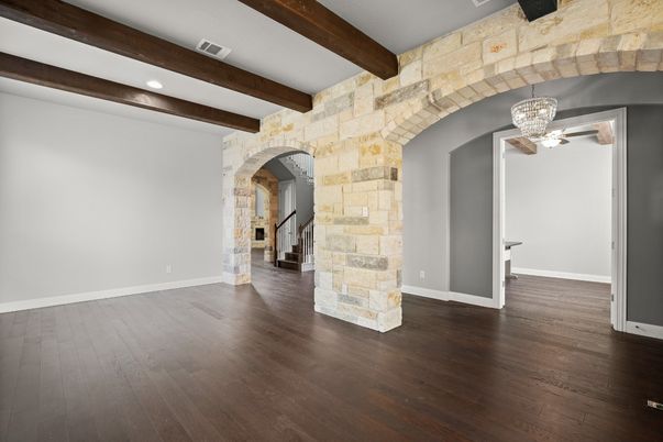 Empty room, Interior, Recessed Lighting, Stone Walls, Wooden Beams, Wood Texture Flooring