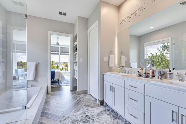 Bathroom, Bedroom, Dual Sink Vanities, Interior, Recessed Lighting, Wood Texture Flooring