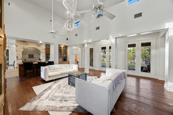 Chandelier, Dining room, Interior, Living room, Stone Walls, Wood Texture Flooring