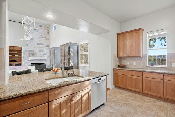 Fireplace, Interior, Kitchen, Recessed Lighting, Stone Walls
