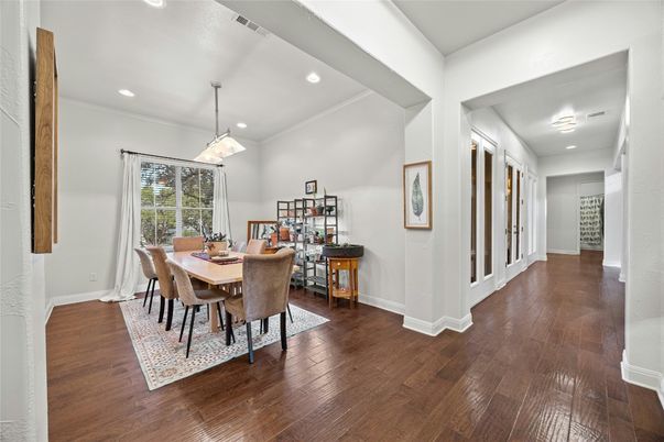 Dining room, Interior, Pendant Lights, Recessed Lighting, Wood Texture Flooring