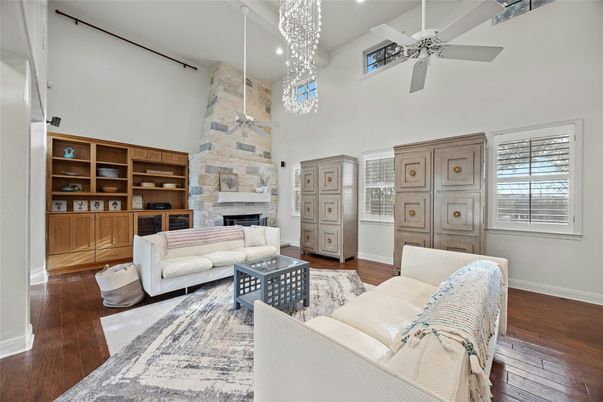 Fireplace, Interior, Living room, Pendant Lights, Stone Walls, Wood Texture Flooring