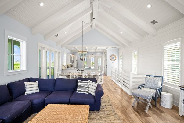 Dining room, Interior, Living room, Pendant Lights, Recessed Lighting, Wood Texture Flooring