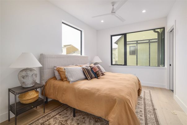 Bedroom, Interior, Recessed Lighting, Wood Texture Flooring