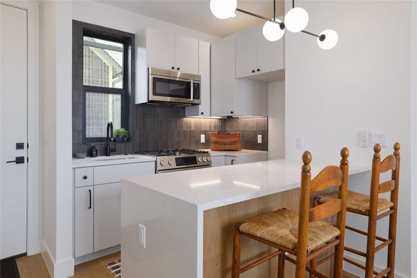 Interior, Kitchen, Pendant Lights, Stainless Steel Appliances, Wood Texture Flooring
