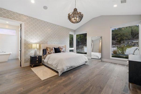 Bedroom, Interior, Pendant Lights, Recessed Lighting, Wood Texture Flooring
