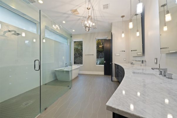 Bathroom, Dual Sink Vanities, Free Standing Baths, Glass Shower, Interior, Pendant Lights, Recessed Lighting