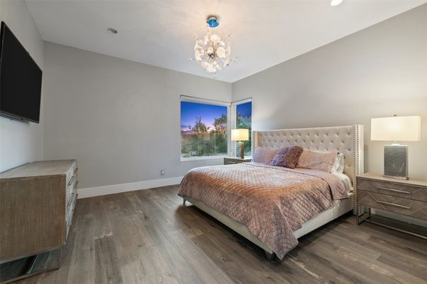 Bedroom, Chandelier, Interior, Recessed Lighting, Wood Texture Flooring