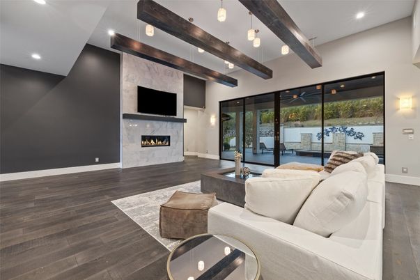 Fireplace, Interior, Living room, Pendant Lights, Recessed Lighting, Wooden Beams, Wood Texture Flooring