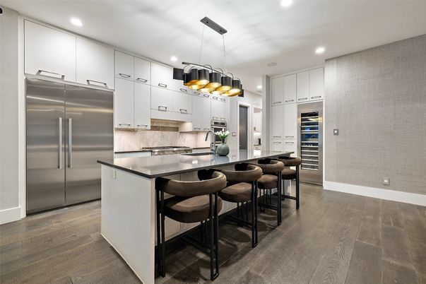 Chandelier, Interior, Kitchen, Pendant Lights, Recessed Lighting, Stainless Steel Appliances, Wood Texture Flooring