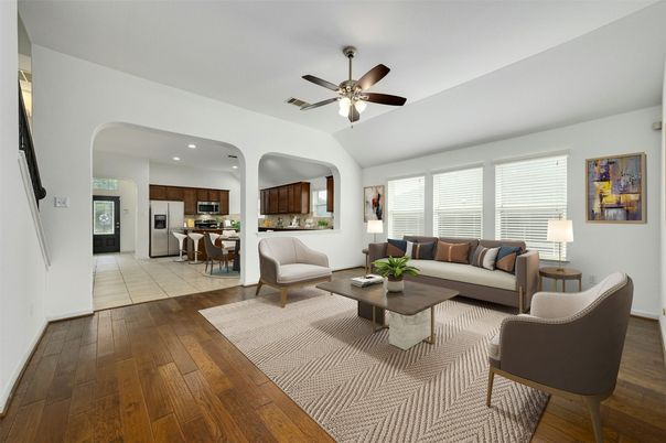 Interior, Kitchen, Living room, Recessed Lighting, Stainless Steel Appliances, Wood Texture Flooring