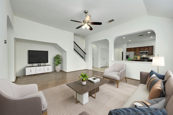 Interior, Kitchen, Living room, Recessed Lighting, Stainless Steel Appliances, Wood Texture Flooring