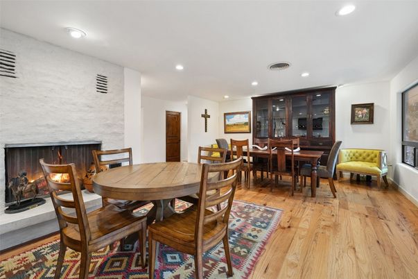 Dining room, Fireplace, Interior, Recessed Lighting, Wood Texture Flooring