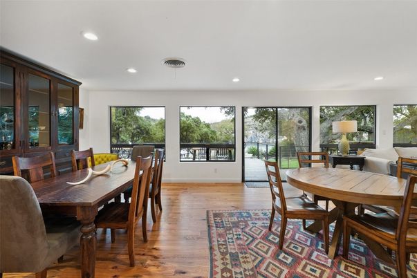Dining room, Interior, Recessed Lighting, Wood Texture Flooring