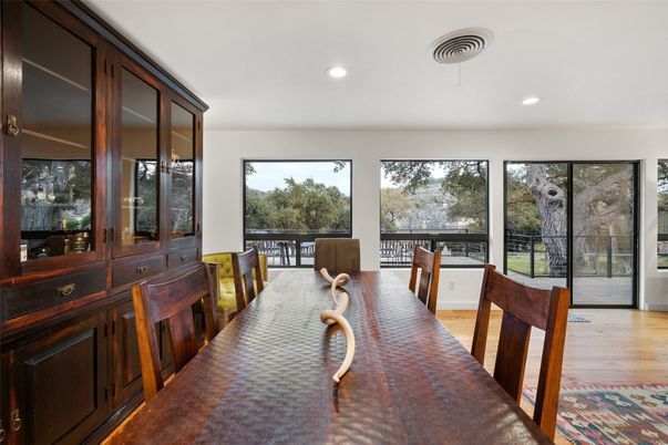 Dining room, Interior, Recessed Lighting, Wood Texture Flooring