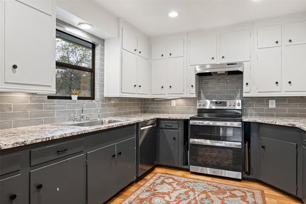Interior, Kitchen, Recessed Lighting, Stainless Steel Appliances, Wood Texture Flooring