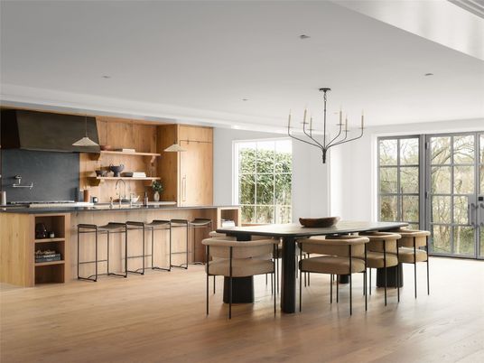 Dining room, Interior, Kitchen, Pendant Lights, Recessed Lighting, Wood Texture Flooring