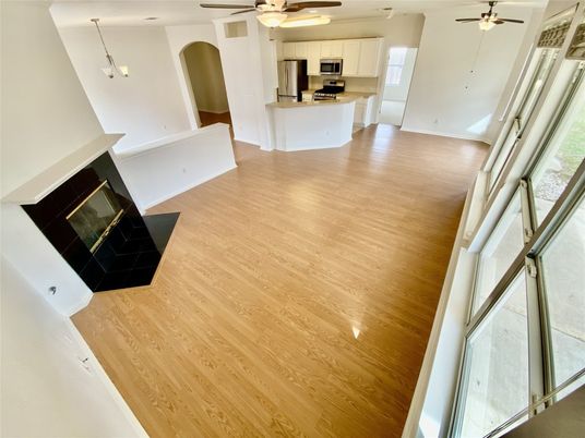 Fireplace, Interior, Kitchen, Pendant Lights, Wood Texture Flooring