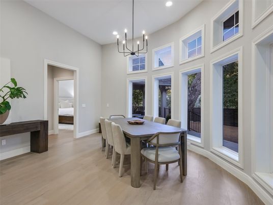 Chandelier, Dining room, Interior, Pendant Lights, Recessed Lighting, Wood Texture Flooring