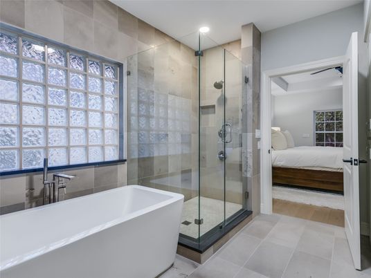 Bathroom, Bedroom, Free Standing Baths, Glass Shower, Interior, Recessed Lighting, Wood Texture Flooring