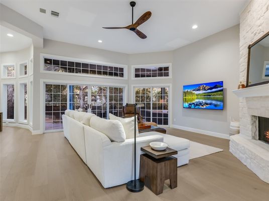 Fireplace, Interior, Living room, Recessed Lighting, Wood Texture Flooring