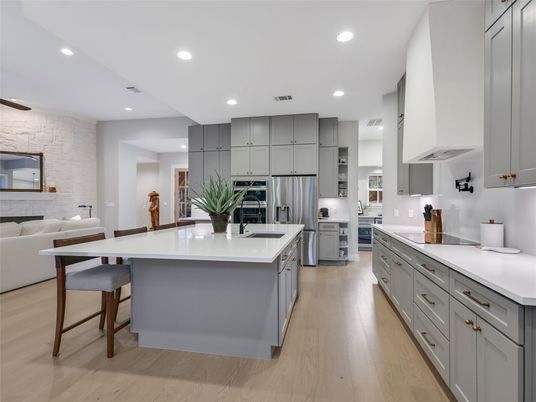 Interior, Kitchen, Recessed Lighting, Stainless Steel Appliances, Stone Walls, Wood Texture Flooring