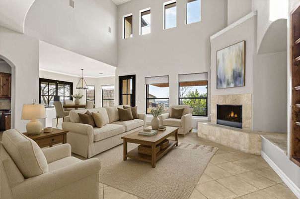 Dining room, Fireplace, Interior, Living room, Pendant Lights