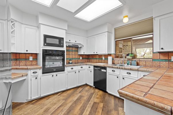 Interior, Kitchen, Tile Countertops, Wood Texture Flooring