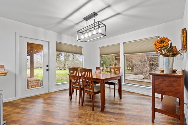 Dining room, Interior, Pendant Lights, Wood Texture Flooring