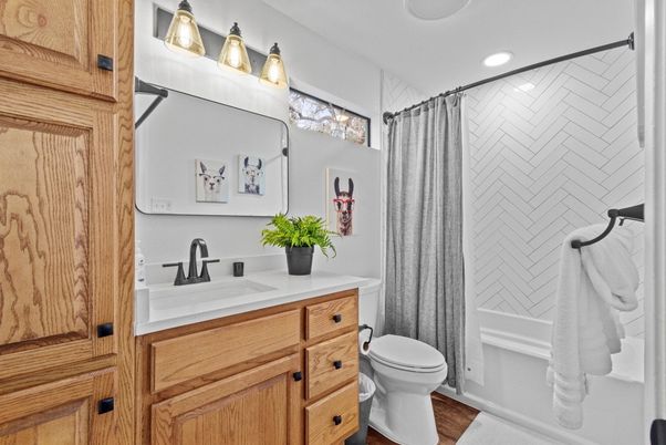 Bathroom, Interior, Recessed Lighting, Wood Texture Flooring