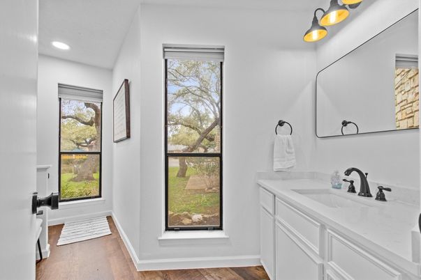 Bathroom, Interior, Recessed Lighting, Wood Texture Flooring