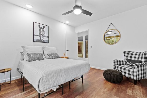 Bedroom, Interior, Recessed Lighting, Wood Texture Flooring