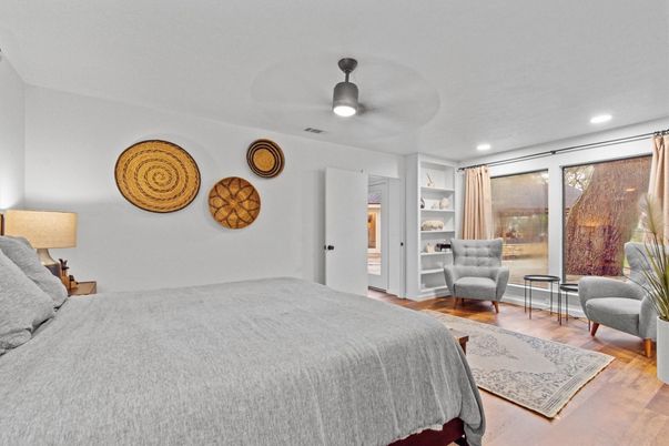 Bedroom, Interior, Recessed Lighting, Wood Texture Flooring