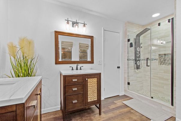Bathroom, Glass Shower, Interior, Recessed Lighting, Wood Texture Flooring