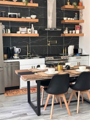 Interior, Kitchen, Marble Walls, Stainless Steel Appliances, Wood Texture Flooring