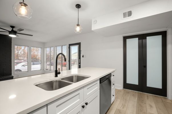 Interior, Kitchen, Pendant Lights, Recessed Lighting, Wood Texture Flooring