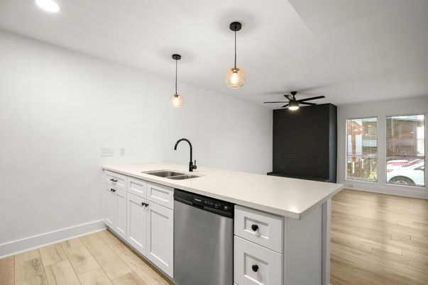 Interior, Kitchen, Pendant Lights, Recessed Lighting, Wood Texture Flooring