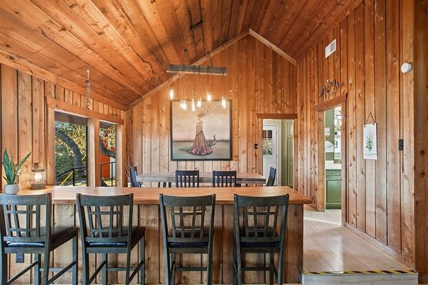 Dining room, Interior, Pendant Lights, Wooden Beams, Wooden Ceilings, Wood Texture Flooring, Wooden Walls