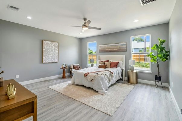 Bedroom, Interior, Recessed Lighting, Wood Texture Flooring