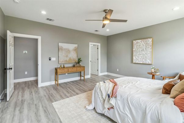 Bedroom, Interior, Recessed Lighting, Wood Texture Flooring