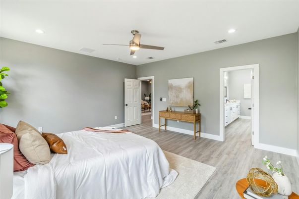 Bedroom, Interior, Recessed Lighting, Wood Texture Flooring